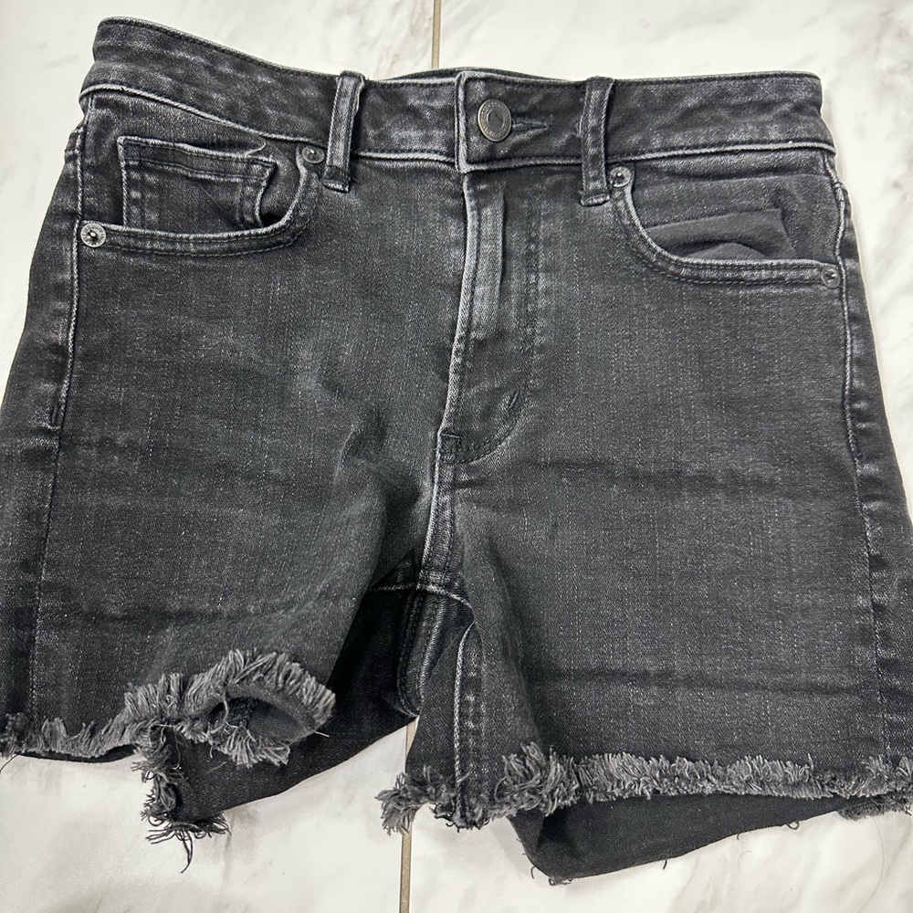 Black Denim Frayed Hem Shorts